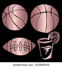 Rose Gold Vector Set Collection of Cocktail Beer Drinks Glass, Basketball, Football. Flat Line Icon Logo, Sign, Symbol, Object, Graphic Design Element, Illustration, Poster, Print, Background.