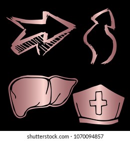 Rose Gold Vector Set Collection of Healthcare Medical Kidney, Nurse Cap, Arrow. Flat Line Icon Logo, Sign, Symbol, Object, Graphic Design Element, Illustration, Poster, Print, Background.