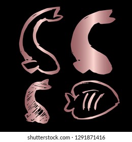 Rose Gold Vector Set Collection of Fish and Pisces. Flat Line Icon Logo, Sign, Symbol, Object. Graphic Design Element, Illustration, Poster, Print.