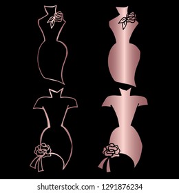 Rose Gold Vector Set Collection of Woman Fashion Dress. Flat Line Icon Logo, Sign, Symbol, Object. Graphic Design Element, Illustration, Poster, Print.