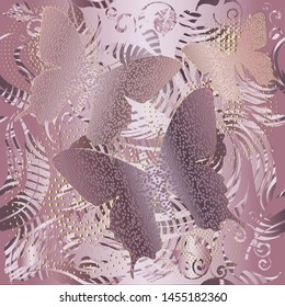 Rose gold. Vector textured 3d butterflies seamless pattern. Silk grunge texture. Abstract modern ornament. Striped ornamental background. Grunge glittery butterflies, radial shapes, stripes, circles