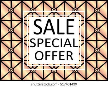 Rose gold vintage pattern on black background. Vector illustration for retro design. Rose gold abstract wallpaper. Elegant luxury art deco foil pattern. Sale. Special offer.