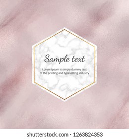 Rose gold watercolor foil banner with marble frame. Hand painted paper texture. Modern template for wedding invitation, greeting, card, flyer, poster, save the date
