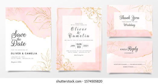 Rose gold watercolor wedding invitation card template set with golden floral decoration. Abstract background save the date, invitation, greeting card, multi-purpose vector