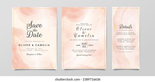 Rose gold watercolor wedding invitation card template set with geometric line. Abstract background save the date, invitation, greeting card, cover vector
