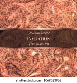 Rose Gold Wedding Invitation card template design with damask pattern on silky background. Lacy intricate textile effect.