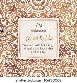 Rose Gold Wedding Invitation card template design with damask pattern on silky background. Lacy intricate textile effect.