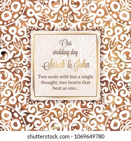 Rose Gold Wedding Invitation card template design with damask pattern on silky background. Lacy intricate textile effect.