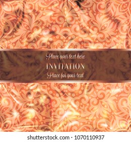 Rose Gold Wedding Invitation card template design with damask pattern on silky background. Lacy intricate textile effect.