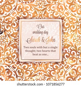 Rose Gold Wedding Invitation card template design with damask pattern on silky background. Lacy intricate textile effect.