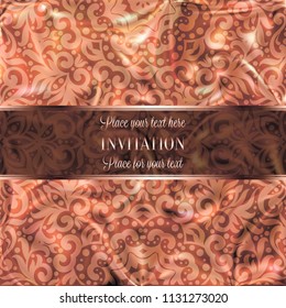 Rose Gold Wedding Invitation card template design with damask pattern on silky background. Lacy intricate textile effect.