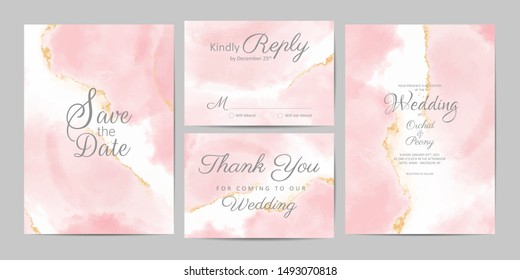 Rose gold wedding invitation cards template set. Artistic watercolor background of pink brush stroke splash. Abstract foil design