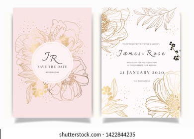 Rose gold Wedding Invitation, floral invite thank you, rsvp modern card Design in Pink Peony with red berry and leaf greenery  branches decorative Vector elegant rustic template