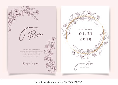 Rose gold Wedding Invitation, floral invite thank you, rsvp modern card Design in hand drawn flower with leaf greenery  branches decorative Vector elegant rustic template