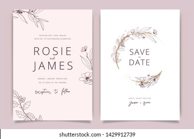 Rose gold Wedding Invitation, floral invite thank you, rsvp modern card Design in hand drawn flower with leaf greenery  branches decorative Vector elegant rustic template