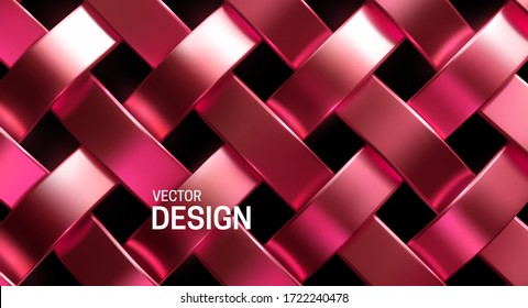 Rose gold wicker pattern. Vector 3d realistic illustration. Luxury vintage texture. Metal weave ribbons. Abstract jewelry background. Gold metallic ornament. Interlacing surface. Decoration for design