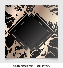Rose golden and black shiny glowing blank frame. Pink gold paint splatter metal luxury vector border. Background illustration template.