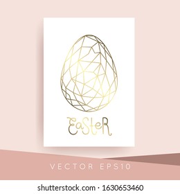 Rose Golden Foil Happy Easter Hand Lettering Greeting Card.Vector Modern Copper Geometric Egg. Art Deco Classy Design Template.Hand Drawn Holiday Typography.