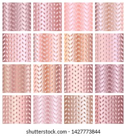 Rose golden gradient chevron patterns set. Abstract modern vector background collection. Shiny metal zigzag wallpaper.