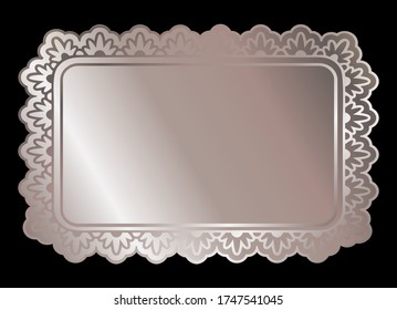 Rose golden shiny glowing rectangle ornate frame isolated over black. Pink metal luxury elegant blank border. Vector background illustration template.