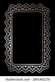 Rose golden shiny glowing rectangle ornate frame isolated over black. Pink metal luxury elegant blank border. Vector background illustration template.