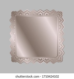 Rose golden shiny glowing square ornate frame isolated over light gray background. Pink bronze metal luxury elegant blank border. Vector illustration template.