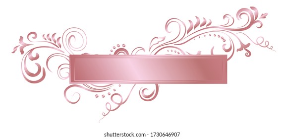 Rose golden shiny glowing victorian ornate frame isolated over white. Pink metal luxury elegant blank border. Vector background illustration template.