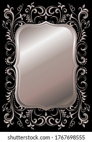 Rose golden shiny glowing victorian ornate frame isolated over black. Pink metal luxury elegant blank border. Vector background illustration template.