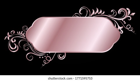Rose golden shiny glowing victorian ornate frame isolated over black. Pink metal luxury elegant blank border. Vector background illustration template.