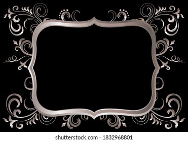 Rose golden shiny glowing victorian ornate frame isolated over black. Pink metal luxury elegant blank border. Vector background illustration template.