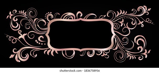 Rose golden shiny glowing victorian ornate frame isolated over black. Pink metal luxury elegant blank border. Vector background illustration template.