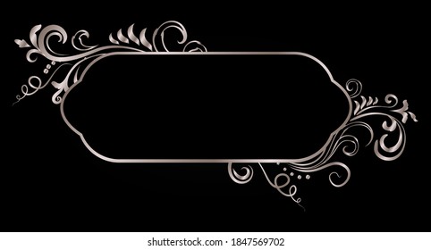 Rose golden shiny glowing victorian ornate frame isolated over black. Pink metal luxury elegant blank border. Vector background illustration template.