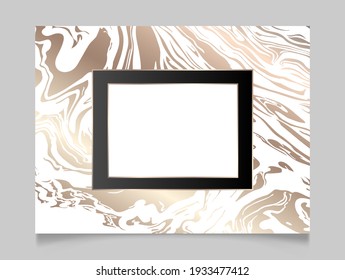 Rose golden and white shiny glowing frame. Gold paint marble swirls metal luxury blank border. Vector background illustration template.