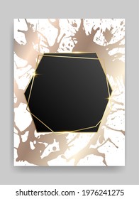 Rose golden and white shiny glowing blank polygonal frame. Pink gold paint splatter metal luxury blank border. Vector background illustration template.