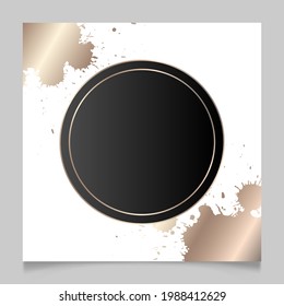 Rose golden and white shiny glowing blank round frame. Pink gold paint splatter metal luxury blank border. Vector background illustration template.