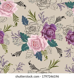 Ilustración vectorial sin costura de flores de rosa y gráficas