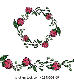 Rose and grass circle wreath and seamless boarder for invitations and card 