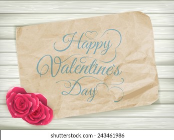 Rose and greating card on wooden background. Valentines day background. EPS 10 vector file included