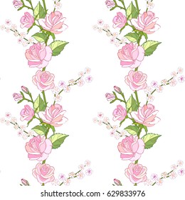 Rose and green leaves floral seamless pattern.