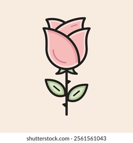 Rose with green leaves, red petals and large stem with spikes ready to decorate your project. Vector filled Rose icon