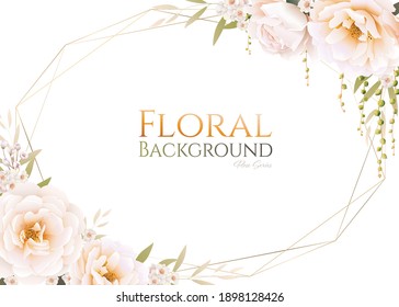 Rose with greenery frame border on white background, for wedding invitation or greeting card, banner. All elements are isolated and editable.