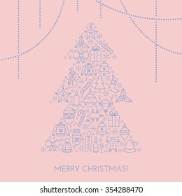 Rose Greeting Christmas card with New Year tree made with outline icons. Holiday banner. Vintage poster.