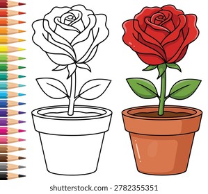 Rose growing in a small container with a thick outline perfect for an easy and educational creative children coloring page