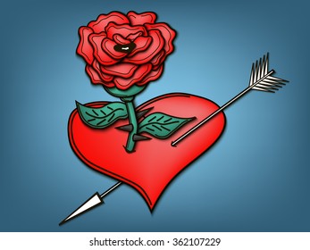 Rose grows through the heart pierced by an arrow. Vector illustration