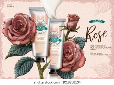 Rose hand cream ads, exquisite hand cream product and creamy texture in 3d illustration with roses decorations in etching shading style Rose hand cream ads, exquisite hand cream product and creamy texture in 3d illustration with roses decorations in etching shading style