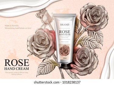 Rose hand cream ads, exquisite hand cream product and creamy texture in 3d illustration with roses decorations in etching shading style