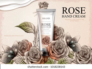 Rose hand cream ads, exquisite hand cream product and creamy texture in 3d illustration with roses garden and butterflies in etching shading style