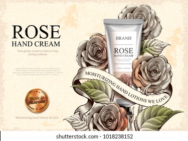 Rose hand cream ads, exquisite hand cream product and golden label in 3d illustration with roses in etching shading style