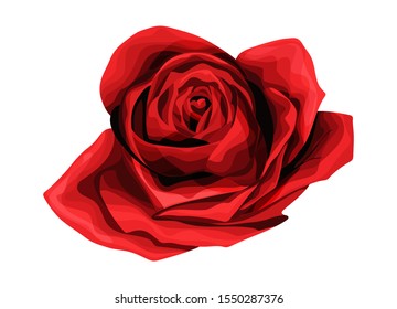 Rose hand drawing and colored to red with shadows. A blossoming rosebud. Vector single element illustration isolated on white for design