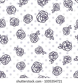 Rose is a hand drawing. Polka dot is gray. Seamless pattern isolated on white background. Vintage abstract infinite backdrop.